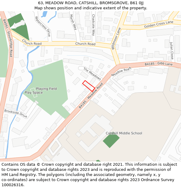 63, MEADOW ROAD, CATSHILL, BROMSGROVE, B61 0JJ: Location map and indicative extent of plot