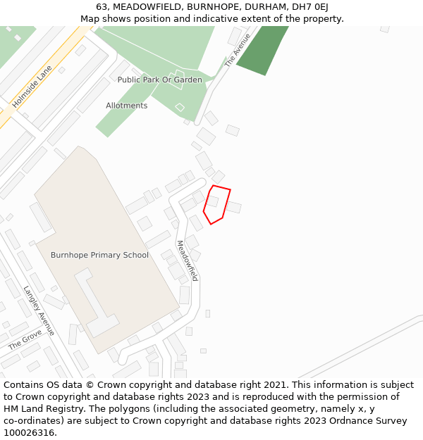 63, MEADOWFIELD, BURNHOPE, DURHAM, DH7 0EJ: Location map and indicative extent of plot