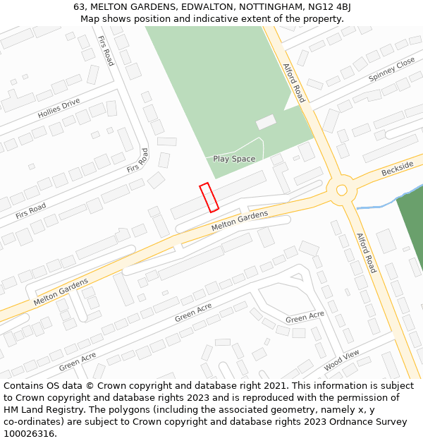 63, MELTON GARDENS, EDWALTON, NOTTINGHAM, NG12 4BJ: Location map and indicative extent of plot