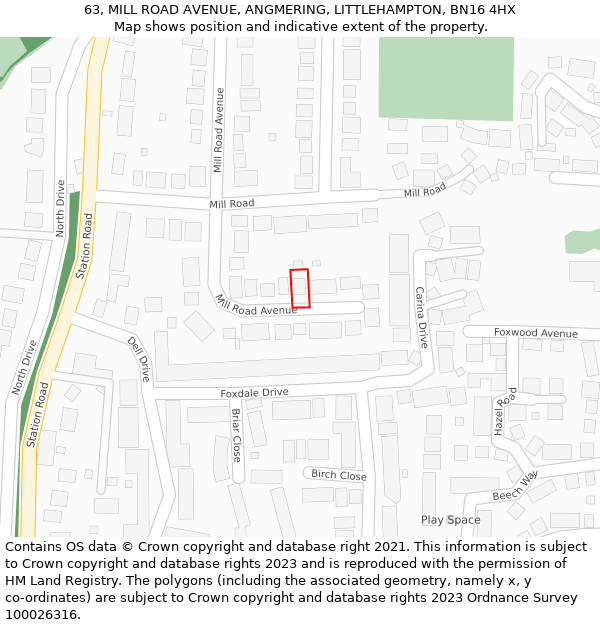 63, MILL ROAD AVENUE, ANGMERING, LITTLEHAMPTON, BN16 4HX: Location map and indicative extent of plot