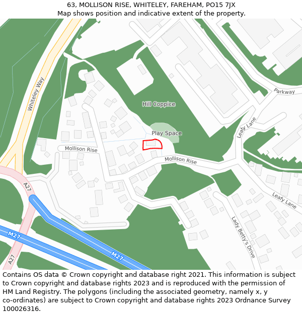 63, MOLLISON RISE, WHITELEY, FAREHAM, PO15 7JX: Location map and indicative extent of plot