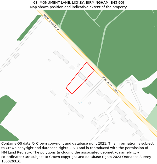 63, MONUMENT LANE, LICKEY, BIRMINGHAM, B45 9QJ: Location map and indicative extent of plot