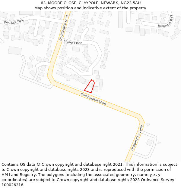 63, MOORE CLOSE, CLAYPOLE, NEWARK, NG23 5AU: Location map and indicative extent of plot