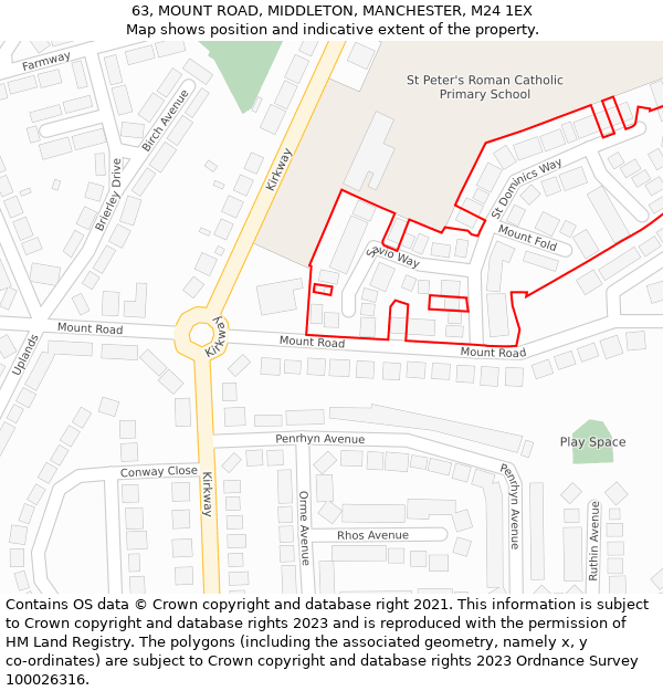 63, MOUNT ROAD, MIDDLETON, MANCHESTER, M24 1EX: Location map and indicative extent of plot