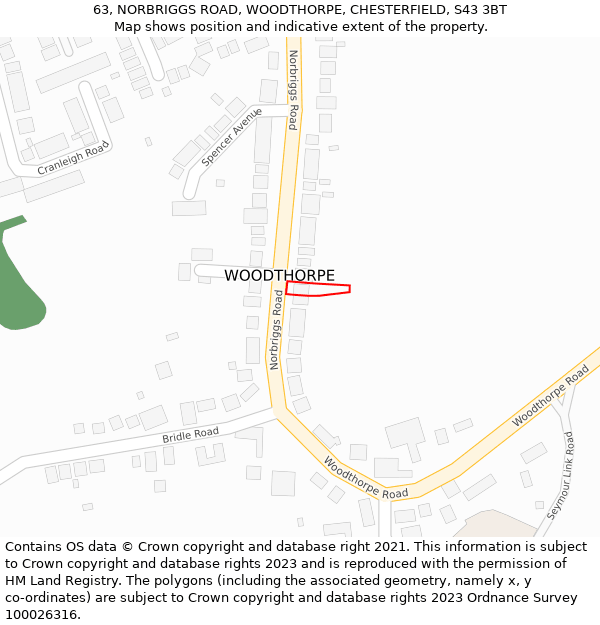 63, NORBRIGGS ROAD, WOODTHORPE, CHESTERFIELD, S43 3BT: Location map and indicative extent of plot