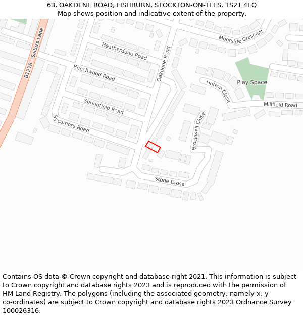 63, OAKDENE ROAD, FISHBURN, STOCKTON-ON-TEES, TS21 4EQ: Location map and indicative extent of plot