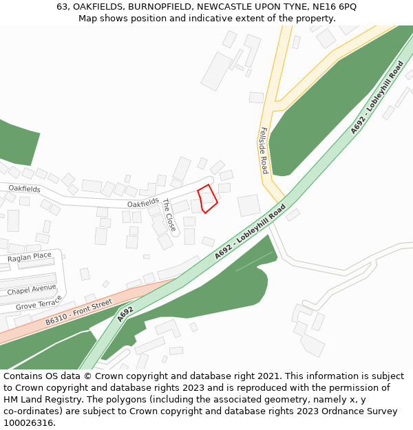 63, OAKFIELDS, BURNOPFIELD, NEWCASTLE UPON TYNE, NE16 6PQ: Location map and indicative extent of plot