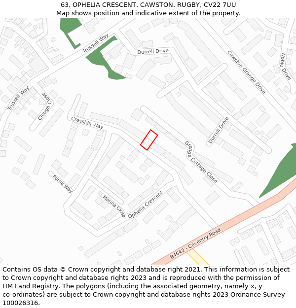 63, OPHELIA CRESCENT, CAWSTON, RUGBY, CV22 7UU: Location map and indicative extent of plot