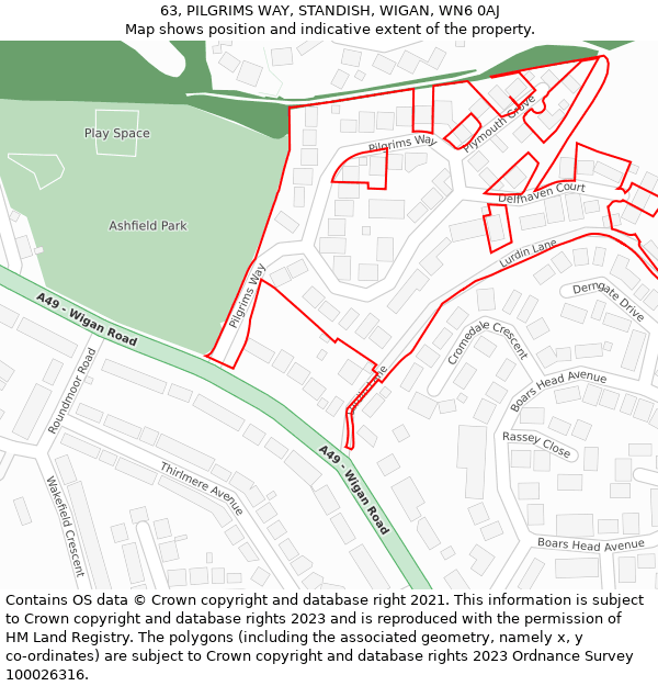 63, PILGRIMS WAY, STANDISH, WIGAN, WN6 0AJ: Location map and indicative extent of plot