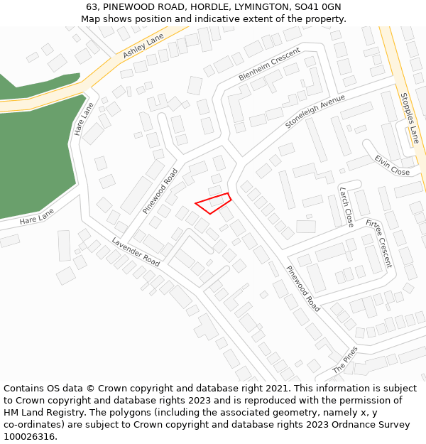 63, PINEWOOD ROAD, HORDLE, LYMINGTON, SO41 0GN: Location map and indicative extent of plot