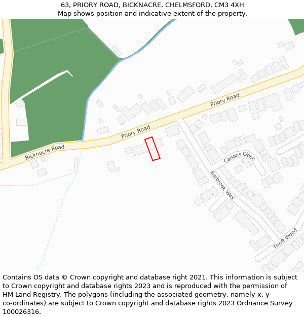 63, PRIORY ROAD, BICKNACRE, CHELMSFORD, CM3 4XH: Location map and indicative extent of plot