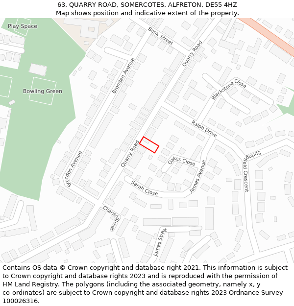 63, QUARRY ROAD, SOMERCOTES, ALFRETON, DE55 4HZ: Location map and indicative extent of plot