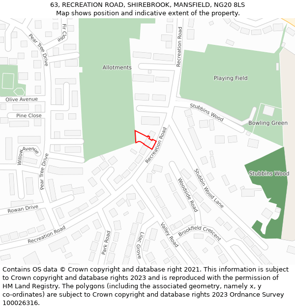 63, RECREATION ROAD, SHIREBROOK, MANSFIELD, NG20 8LS: Location map and indicative extent of plot