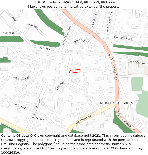 63, RIDGE WAY, PENWORTHAM, PRESTON, PR1 9XW: Location map and indicative extent of plot