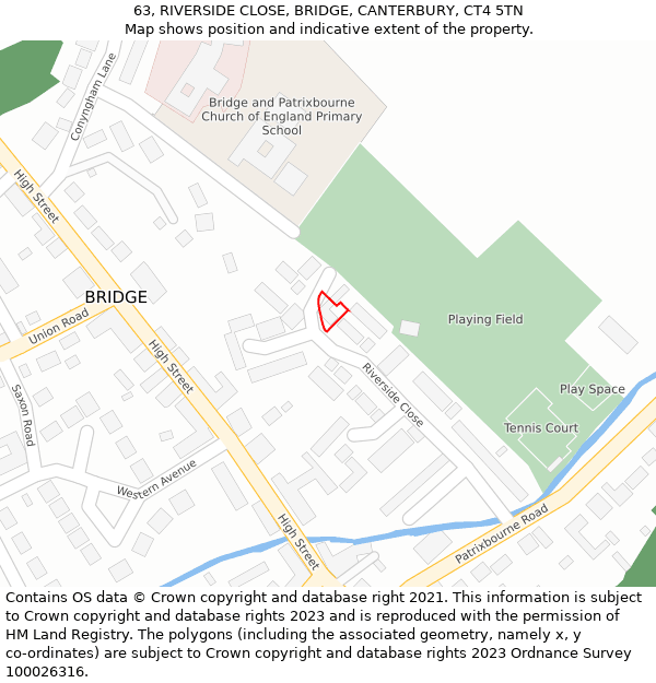 63, RIVERSIDE CLOSE, BRIDGE, CANTERBURY, CT4 5TN: Location map and indicative extent of plot
