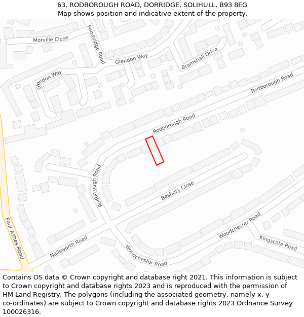 63, RODBOROUGH ROAD, DORRIDGE, SOLIHULL, B93 8EG: Location map and indicative extent of plot