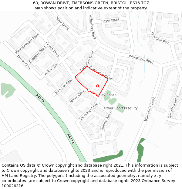 63, ROWAN DRIVE, EMERSONS GREEN, BRISTOL, BS16 7GZ: Location map and indicative extent of plot