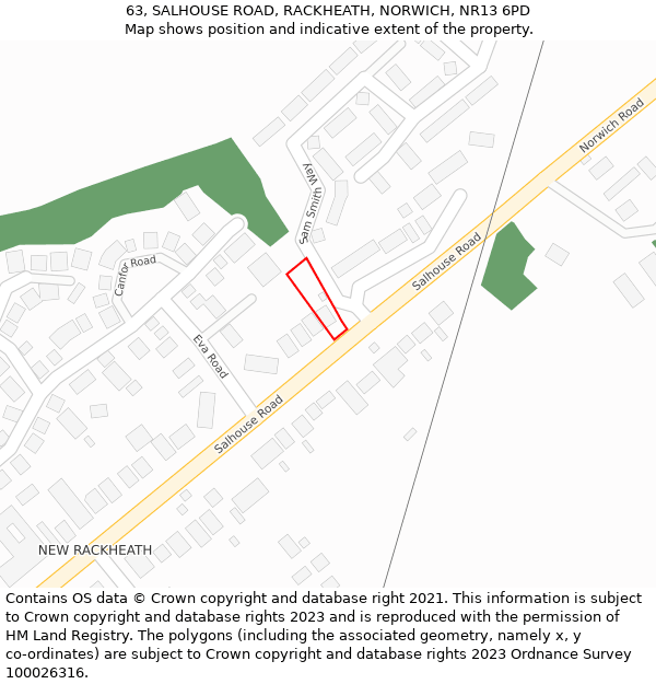 63, SALHOUSE ROAD, RACKHEATH, NORWICH, NR13 6PD: Location map and indicative extent of plot