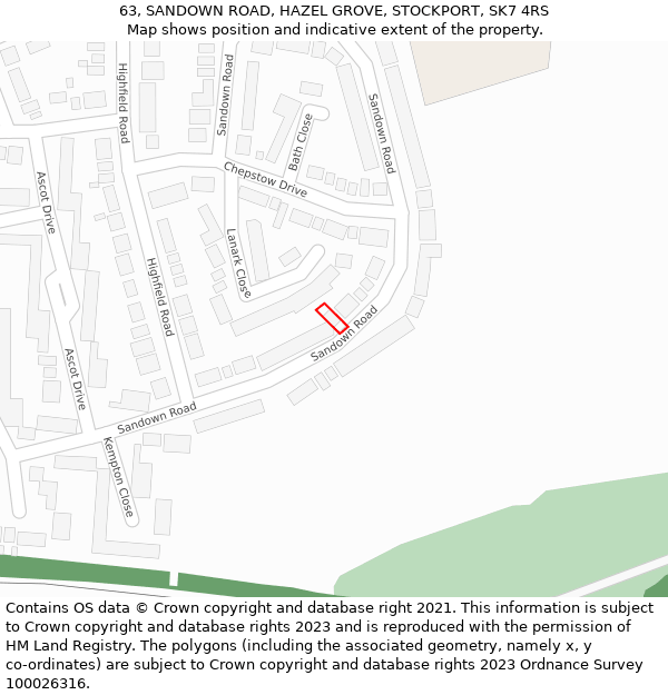 63, SANDOWN ROAD, HAZEL GROVE, STOCKPORT, SK7 4RS: Location map and indicative extent of plot
