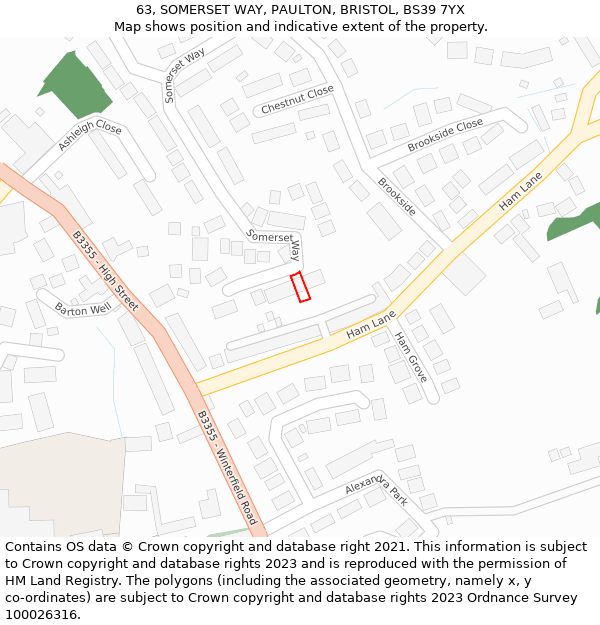 63, SOMERSET WAY, PAULTON, BRISTOL, BS39 7YX: Location map and indicative extent of plot