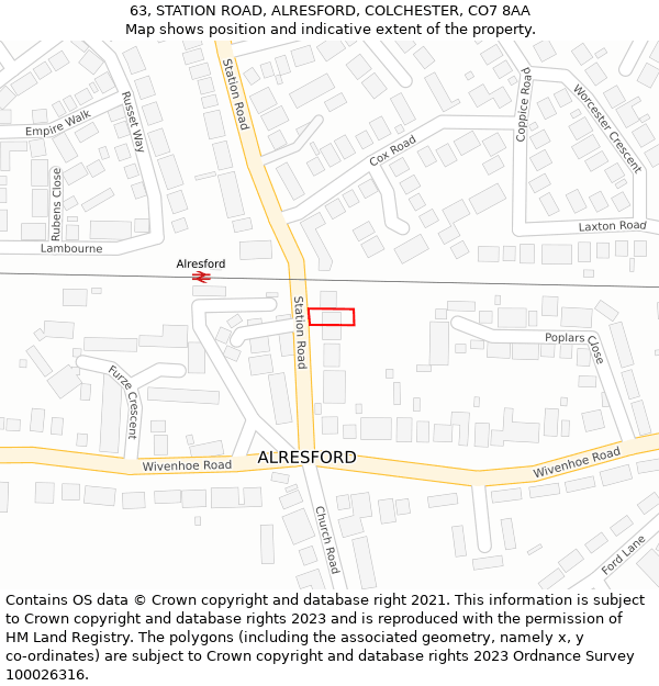 63, STATION ROAD, ALRESFORD, COLCHESTER, CO7 8AA: Location map and indicative extent of plot