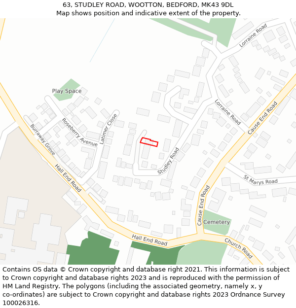 63, STUDLEY ROAD, WOOTTON, BEDFORD, MK43 9DL: Location map and indicative extent of plot