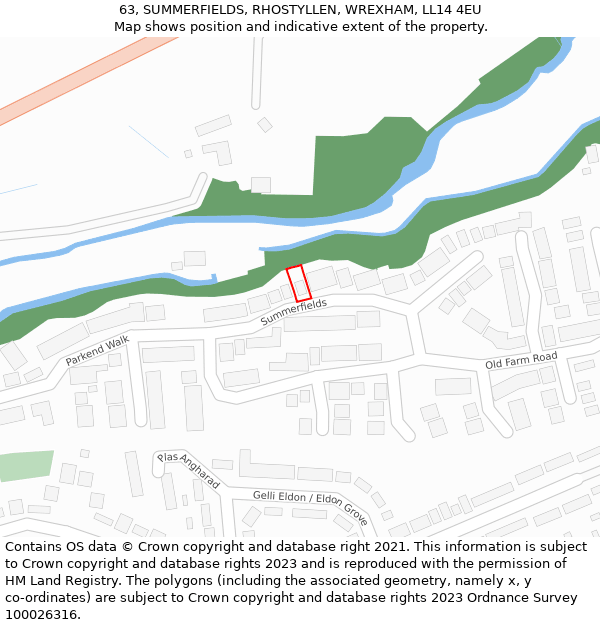 63, SUMMERFIELDS, RHOSTYLLEN, WREXHAM, LL14 4EU: Location map and indicative extent of plot