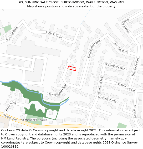 63, SUNNINGDALE CLOSE, BURTONWOOD, WARRINGTON, WA5 4NS: Location map and indicative extent of plot