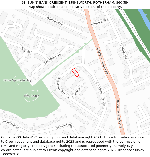 63, SUNNYBANK CRESCENT, BRINSWORTH, ROTHERHAM, S60 5JH: Location map and indicative extent of plot