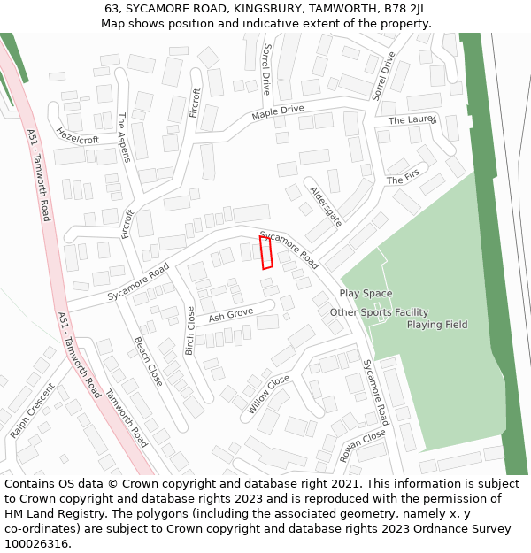 63, SYCAMORE ROAD, KINGSBURY, TAMWORTH, B78 2JL: Location map and indicative extent of plot