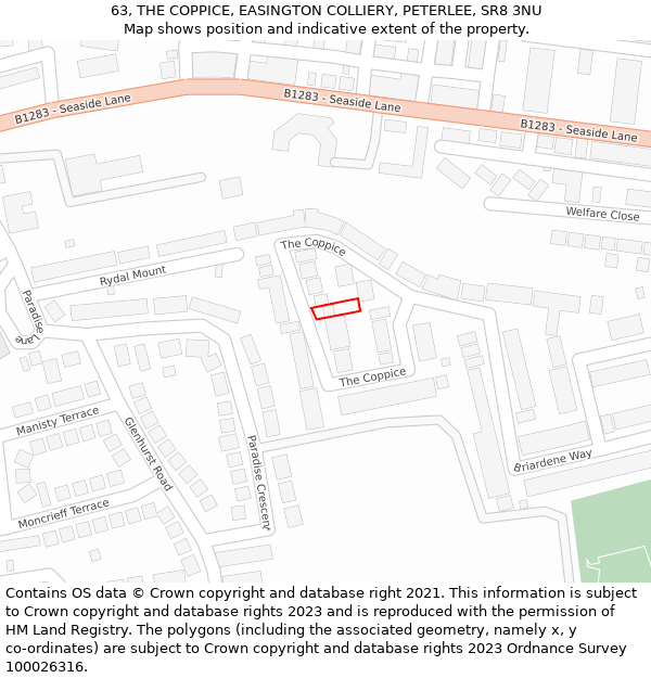 63, THE COPPICE, EASINGTON COLLIERY, PETERLEE, SR8 3NU: Location map and indicative extent of plot