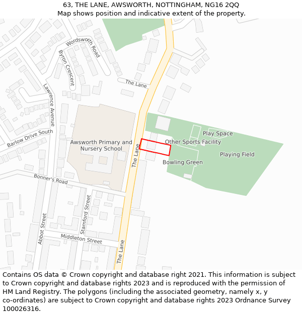 63, THE LANE, AWSWORTH, NOTTINGHAM, NG16 2QQ: Location map and indicative extent of plot