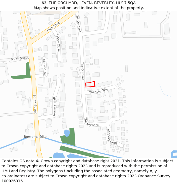 63, THE ORCHARD, LEVEN, BEVERLEY, HU17 5QA: Location map and indicative extent of plot