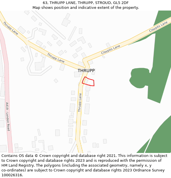 63, THRUPP LANE, THRUPP, STROUD, GL5 2DF: Location map and indicative extent of plot