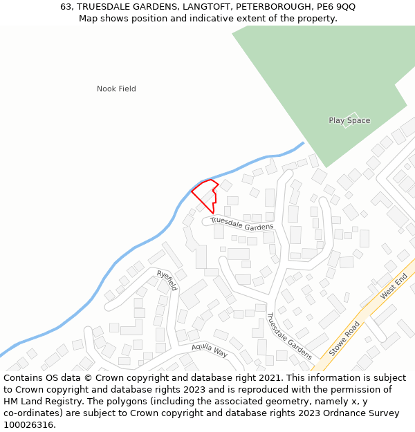 63, TRUESDALE GARDENS, LANGTOFT, PETERBOROUGH, PE6 9QQ: Location map and indicative extent of plot