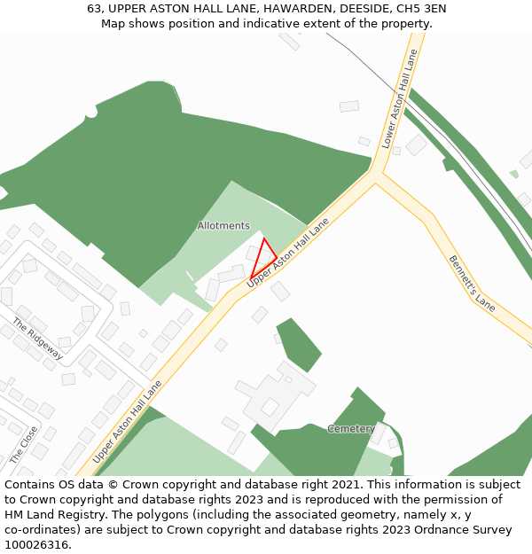 63, UPPER ASTON HALL LANE, HAWARDEN, DEESIDE, CH5 3EN: Location map and indicative extent of plot