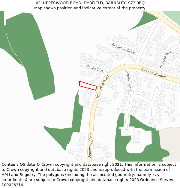 63, UPPERWOOD ROAD, DARFIELD, BARNSLEY, S73 9RQ: Location map and indicative extent of plot