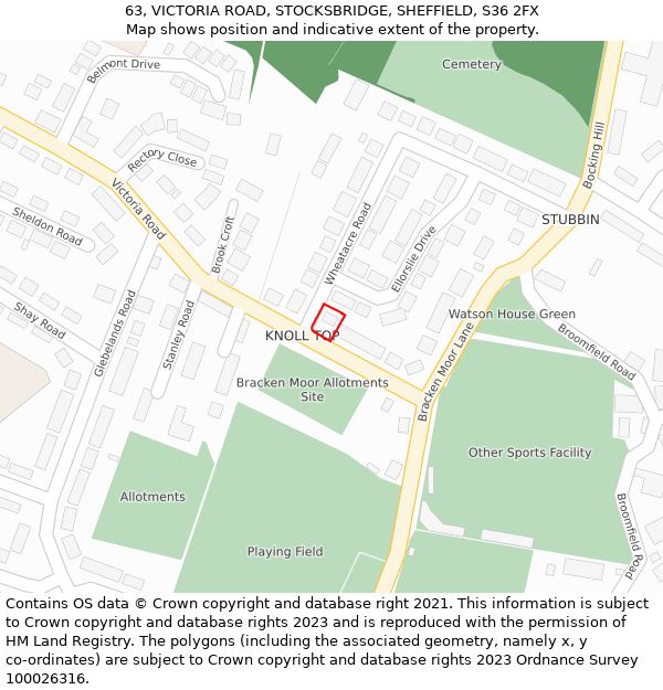 63, VICTORIA ROAD, STOCKSBRIDGE, SHEFFIELD, S36 2FX: Location map and indicative extent of plot