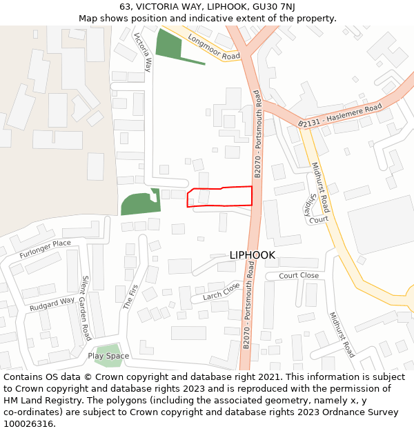 63, VICTORIA WAY, LIPHOOK, GU30 7NJ: Location map and indicative extent of plot