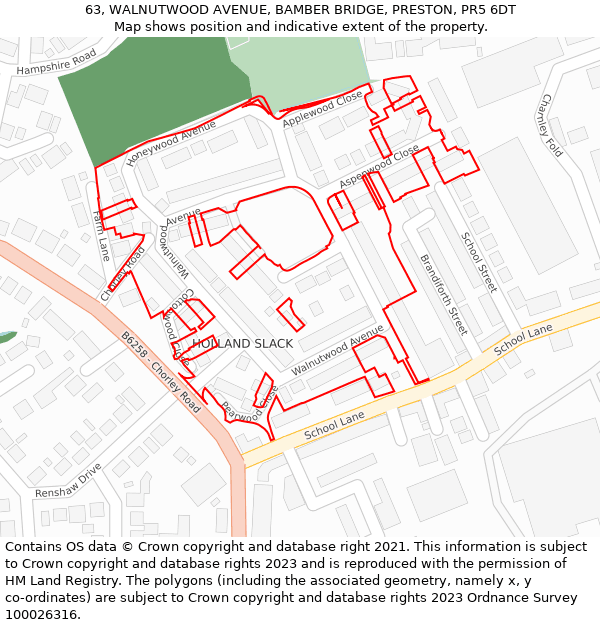 63, WALNUTWOOD AVENUE, BAMBER BRIDGE, PRESTON, PR5 6DT: Location map and indicative extent of plot