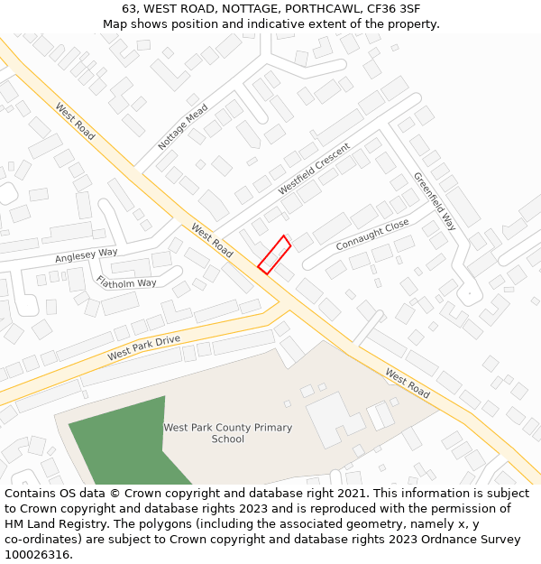 63, WEST ROAD, NOTTAGE, PORTHCAWL, CF36 3SF: Location map and indicative extent of plot