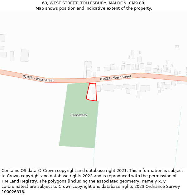 63, WEST STREET, TOLLESBURY, MALDON, CM9 8RJ: Location map and indicative extent of plot