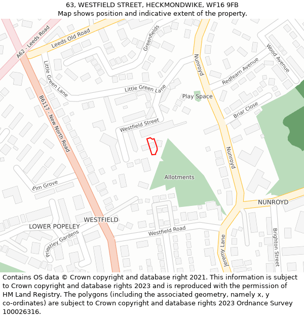 63, WESTFIELD STREET, HECKMONDWIKE, WF16 9FB: Location map and indicative extent of plot