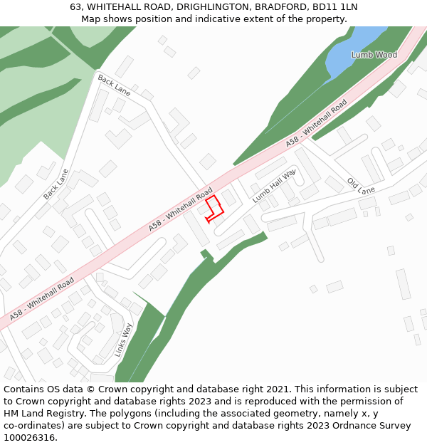 63, WHITEHALL ROAD, DRIGHLINGTON, BRADFORD, BD11 1LN: Location map and indicative extent of plot