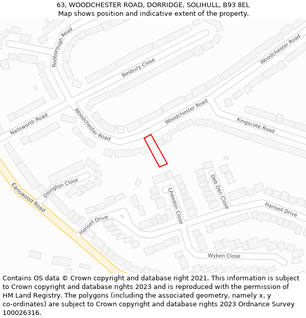 63, WOODCHESTER ROAD, DORRIDGE, SOLIHULL, B93 8EL: Location map and indicative extent of plot