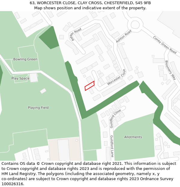 63, WORCESTER CLOSE, CLAY CROSS, CHESTERFIELD, S45 9FB: Location map and indicative extent of plot