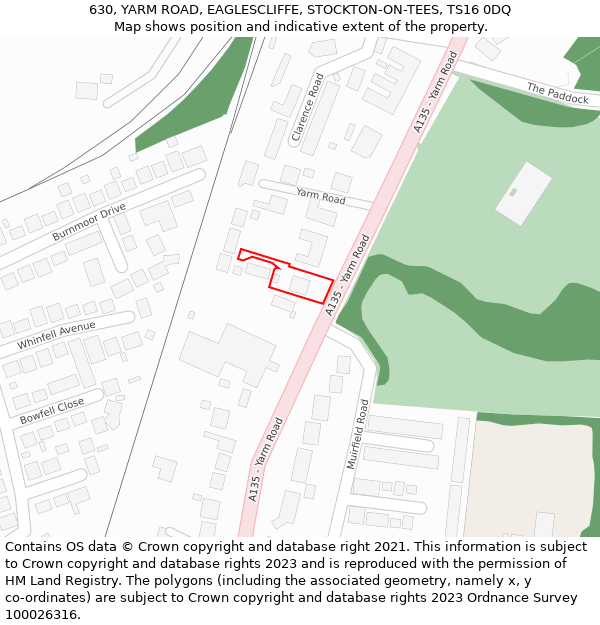 630, YARM ROAD, EAGLESCLIFFE, STOCKTON-ON-TEES, TS16 0DQ: Location map and indicative extent of plot