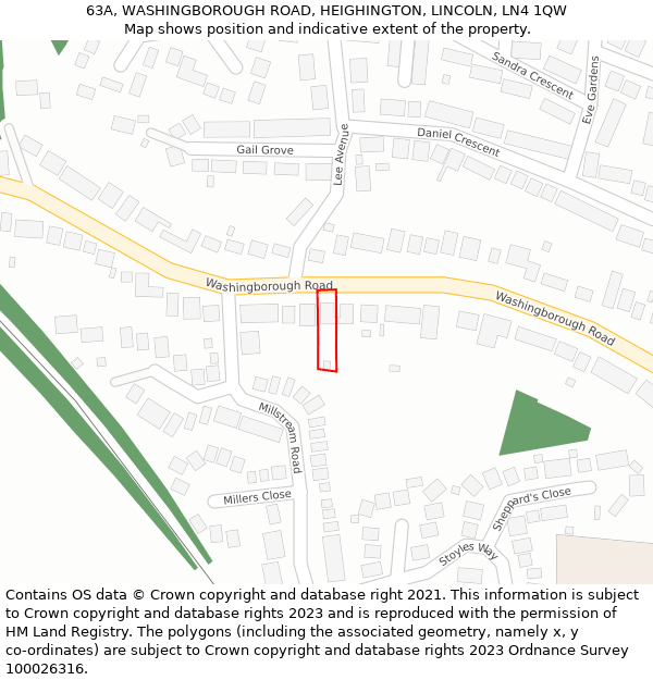 63A, WASHINGBOROUGH ROAD, HEIGHINGTON, LINCOLN, LN4 1QW: Location map and indicative extent of plot