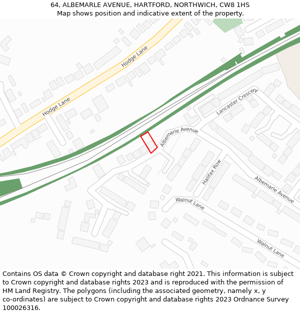 64, ALBEMARLE AVENUE, HARTFORD, NORTHWICH, CW8 1HS: Location map and indicative extent of plot