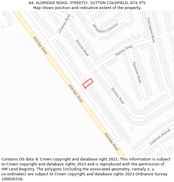 64, ALDRIDGE ROAD, STREETLY, SUTTON COLDFIELD, B74 3TS: Location map and indicative extent of plot